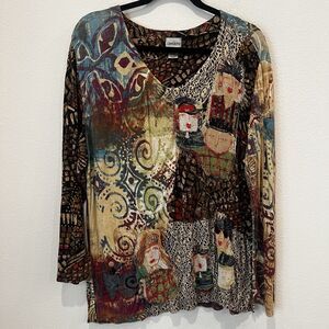 Vtg Chicos Novelty Print Mixed Media Top Blouse Rare Artsy Sz Xl Russian Dolls